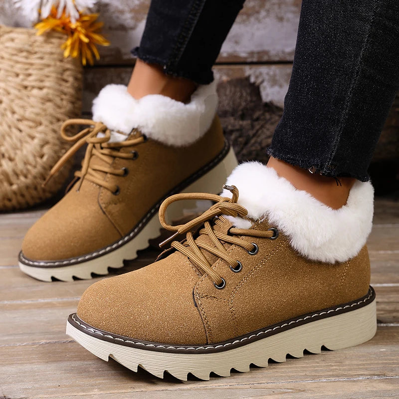 Faux Fur Non Slip Sole Snow Boots Women Autumn Winter Suede Lace Up Plush Sneakers Woman Warm Thick Sole Cotton Padded Shoes 43