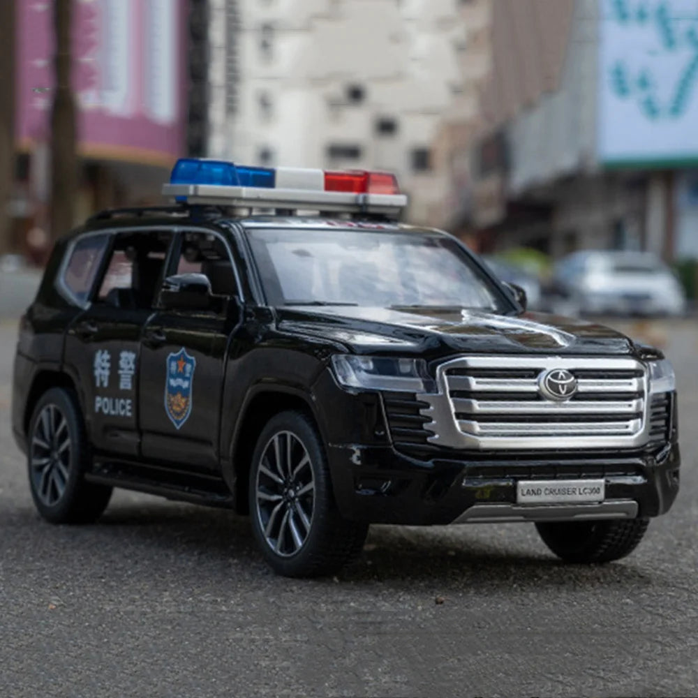 1:32 Prado Land Cruiser LC300 Police Car Metal Model Toy Alloy Diecast Vehice Rubber Tire Sound Light Pull Back Toy Gift for Kid