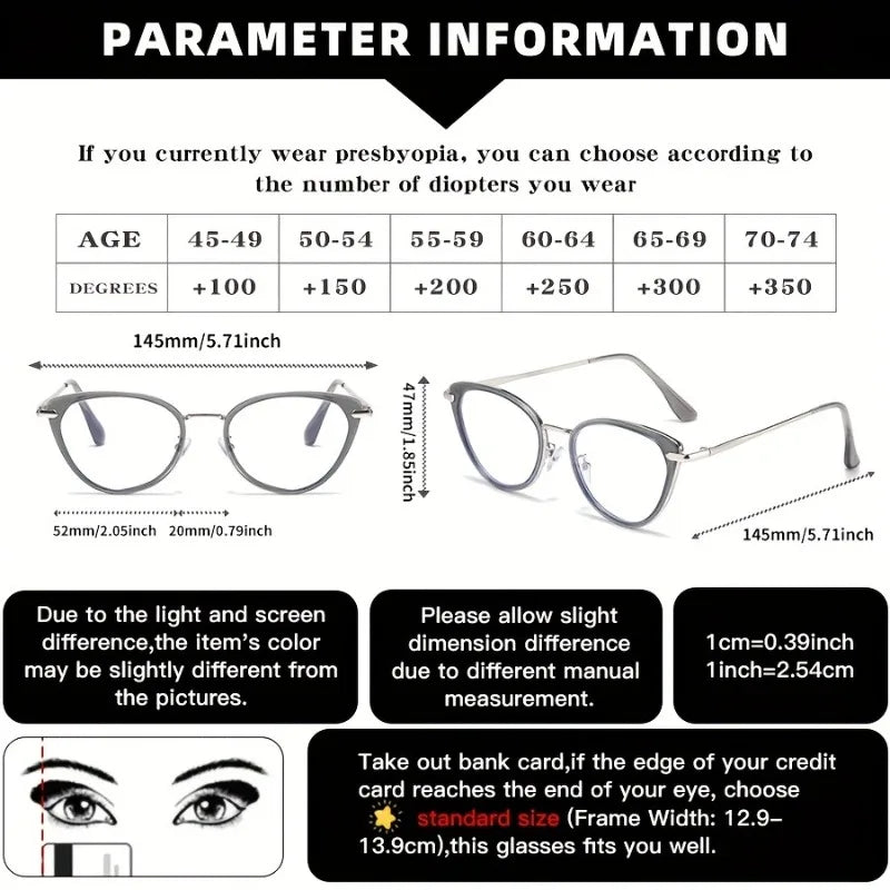 2pcs Set of New Cat-Eye Metal Frame Reading Glasses for Men and Women Suitable for Daily Office Use