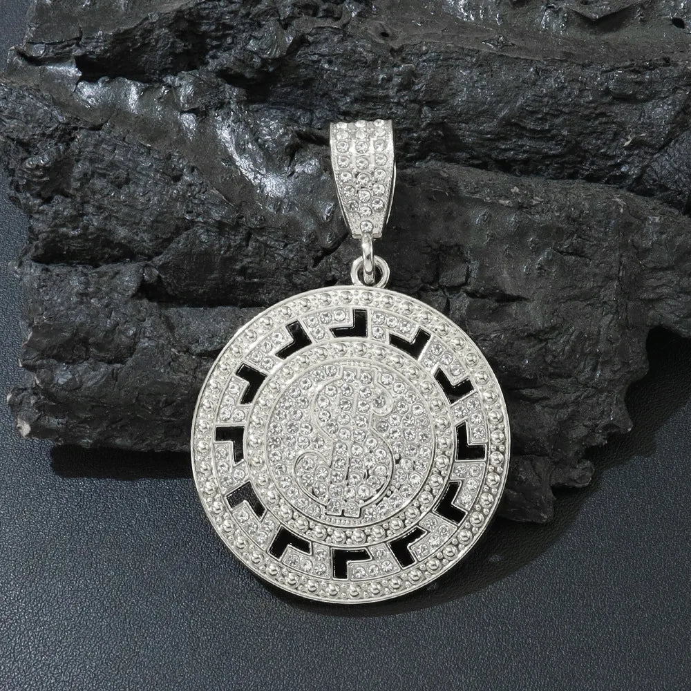 New Men Hip Hop Round US Dollar Money Sign Pendant Necklace With 4mm Tennis Chain Good Luck Necklace Hiphop Couple Gifts Jewelry