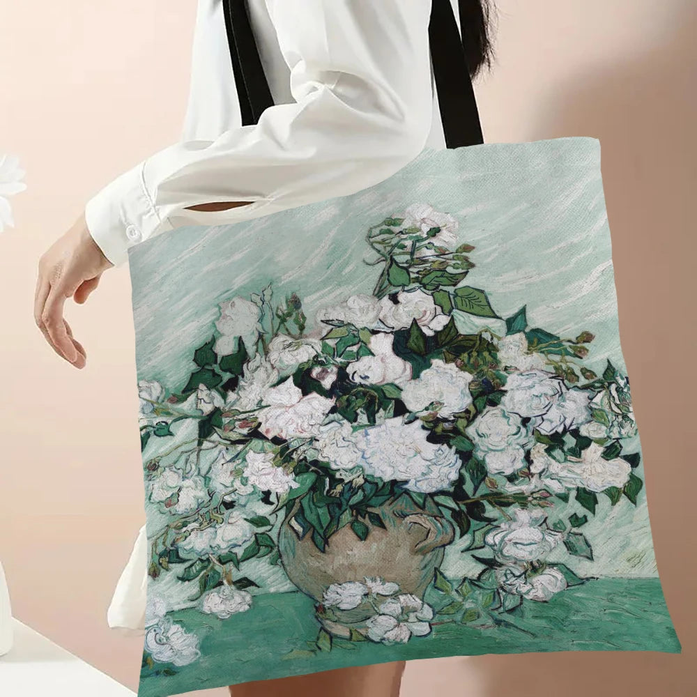 Van Gogh Series Linen Bag Oil Painting Starry Night Flower Handbag Shoulder Bag