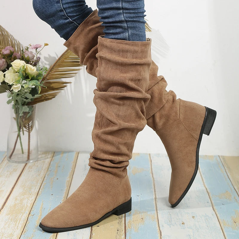 Vintage Faux Suede Knee High Boots Women 2025 New Thick Heeled Pleated Long Boots Woman Autumn Winter Slip On Tall Botas Mujer