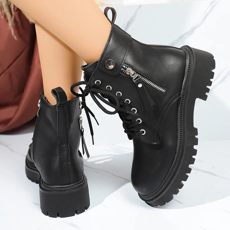 Punk Zipper Decor Platform Ankle Boots for Women Autumn Winter Black Thick Sole Short Booties Mujer Lace Up Pu Leather Boots