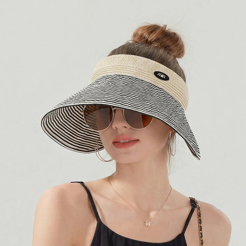 6175-New summer women's wide-brimmed hat - beach and sand grass-wovensunprotectionhat, versatile and fashionable striped top hat