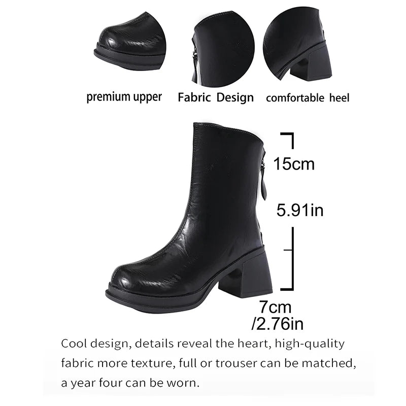 Fashion Chunky High Heels Ankle Boots Women High Quality Thick Heeled Pu Leather Boots Woman Comfort Back Zipper Short Booties