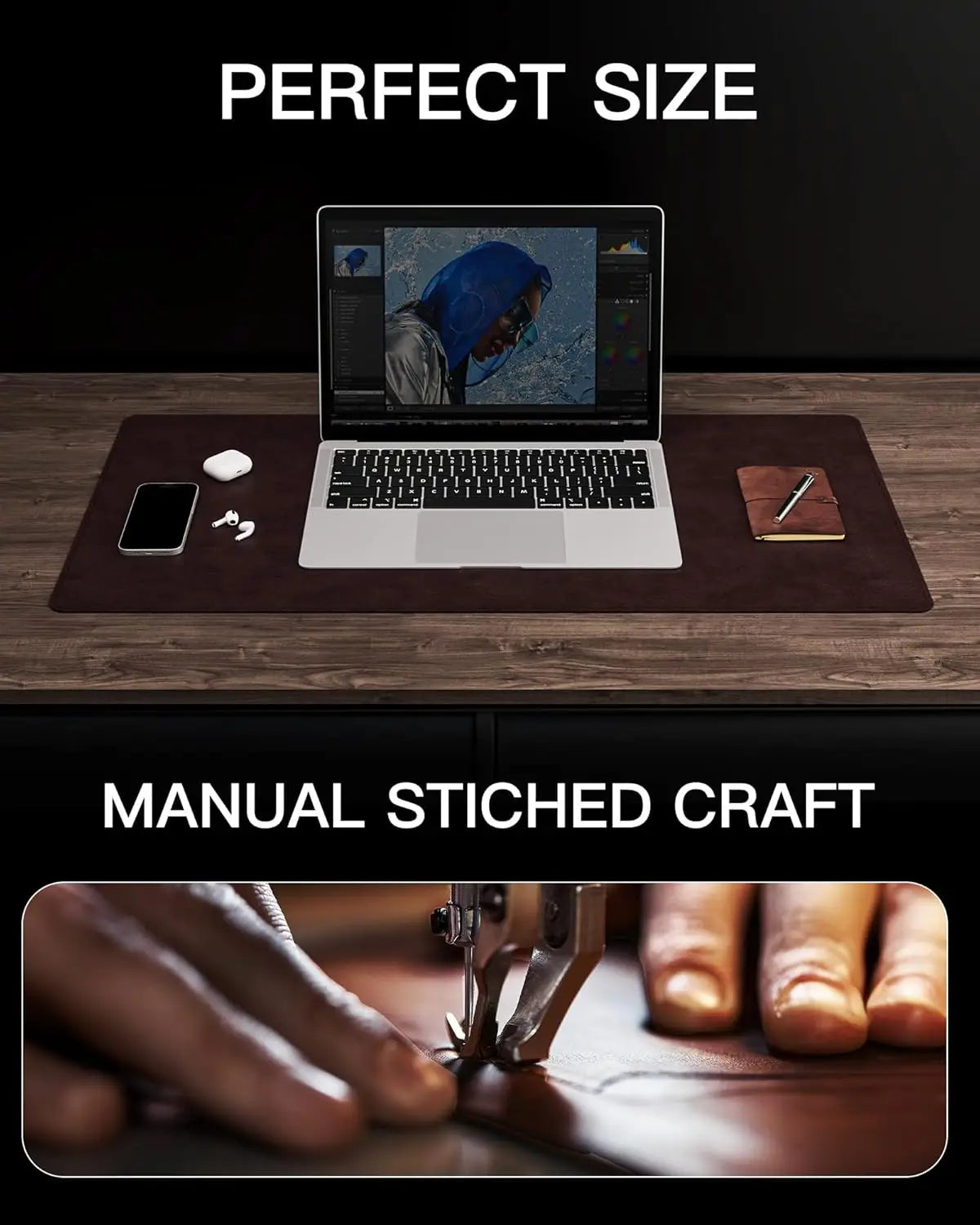 YSAGi Genuine Leather Desk Mat,Office Desk Pad, Thick Premium Table Pad with Stitched Line, Non-Slip Laptop Pad with Rubber Base