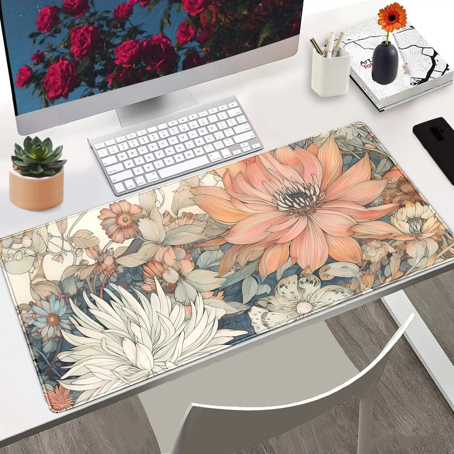 Japanese Floral Desk Mat Boho Aesthetic Flower Desk Matt for Desktop Large Gaming Mouse Pad for Deskpad Keyboard Mat Desk Decor