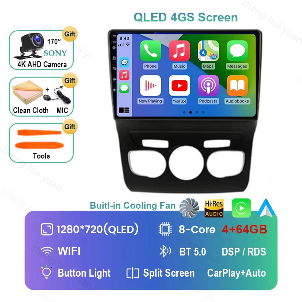 For Citroen C4 C4L DS4 2013 2014 2015 - 2017 Android 16 GPS WIFI 4G Carplay&Auto Car Radio Navigation QLED Multimedia Stereo Pla