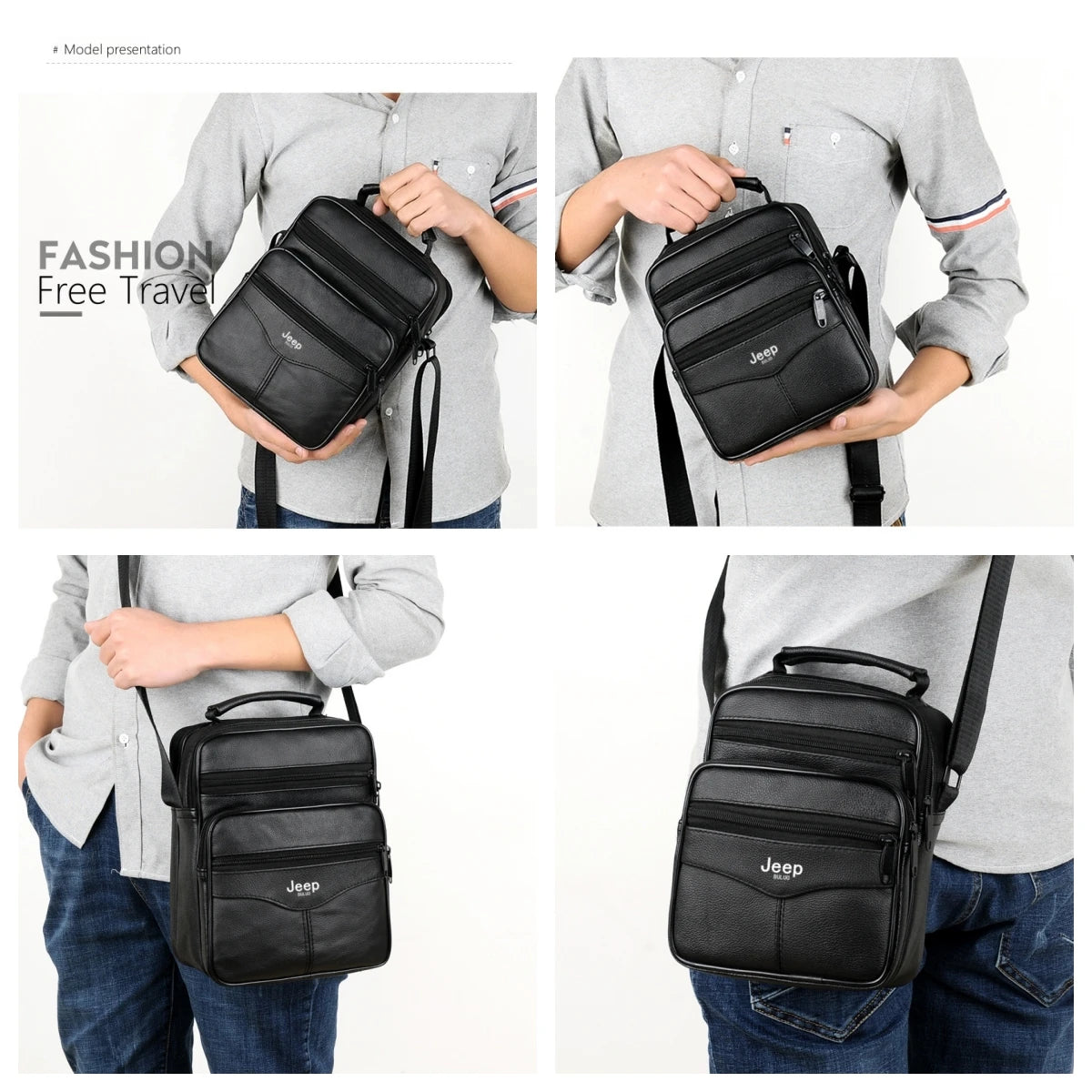 JEEP BULUO Men shoulder bag leather black business casual larg Crossbody Handbag