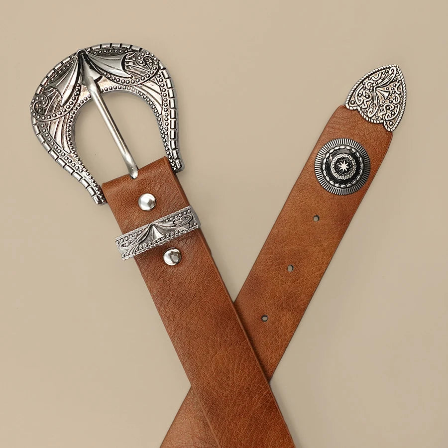 Brown Bohemian Vintage Women's Belt - Carved Rivet Design, Versatile for Daily, Date & Casual Wear