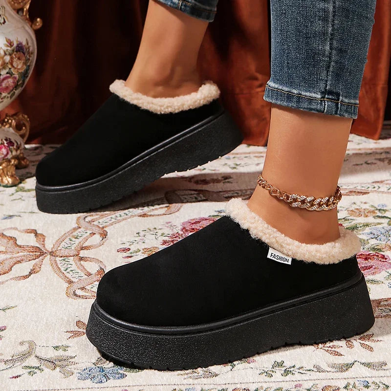 2025 New Faux Suede Fur Slippers Women Winter Slip On Non Slip Thick Sole Snow Boots Woman Warm Thicken Plush Cotton Shoes 36-41