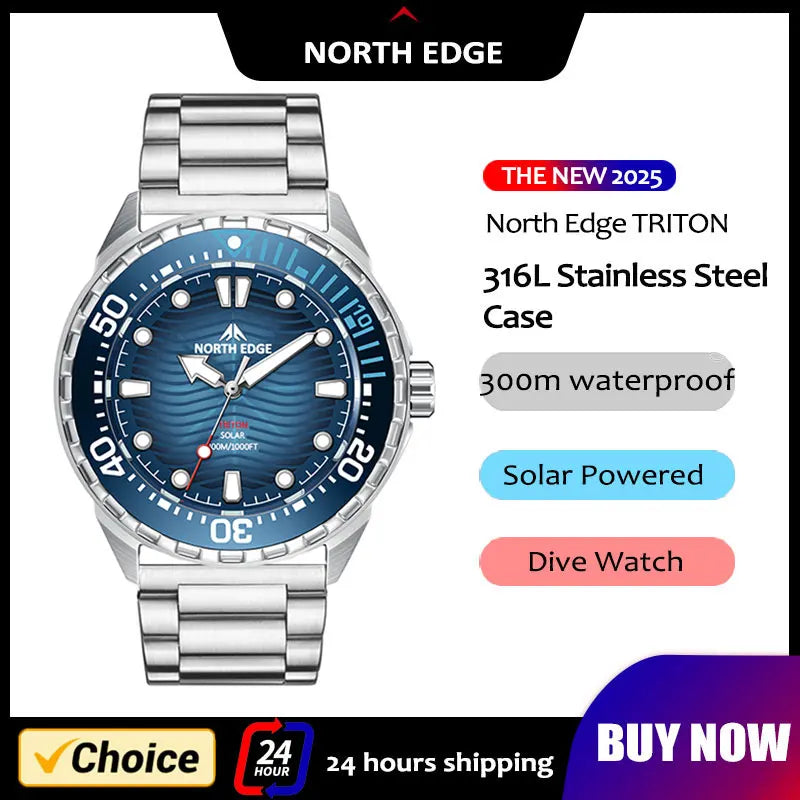 NORTH EDGE TRITON 2025 Solar Dive Watch Men Quartz 316L Steel 300M Waterproof