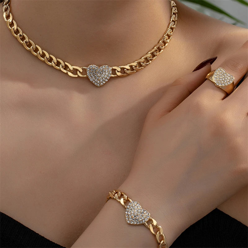 Luxury Inlaid Rhinestone Heart Chain Necklace Bracelet Ring Set for Women Punk Chunky Chain Neckalce Elegant Jewelry Accessories