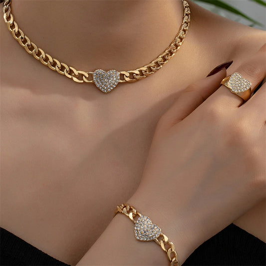 Luxury Inlaid Rhinestone Heart Chain Necklace Bracelet Ring Set for Women Punk Chunky Chain Neckalce Elegant Jewelry Accessories