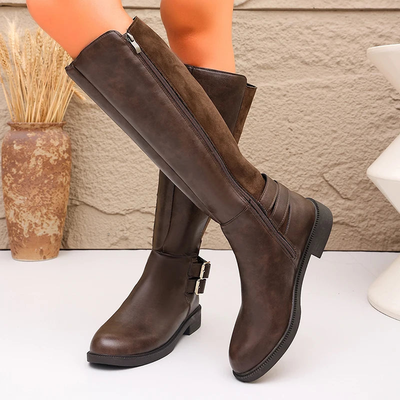 Fashion Buckle Brown Pu Leather Riding Boots Women Plus Size 43 Middle Heel Knee High Boots Woman Round Toe Zipper Long Botas