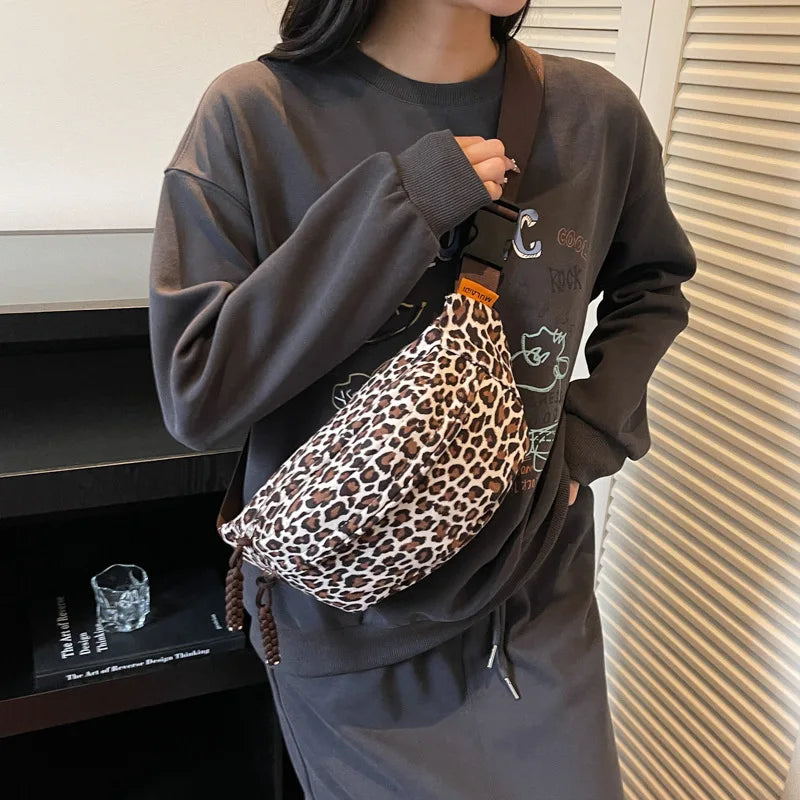 Women's Leopard Print Chest Bag, Autumn/Winter Fashion Crossbody Bag, Trendy Sporty Multifunctional Waist Bag Waist Packs bolsa