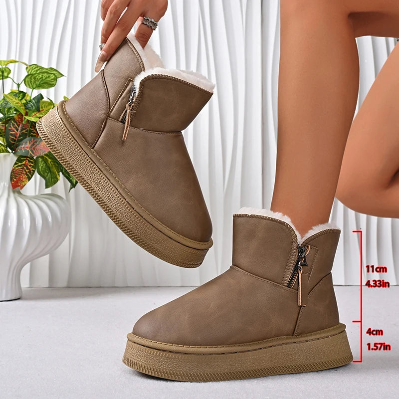 Pu Leather Warm Thicken Plush Snow Boots Women Comfort Thick Sole Non Slip Cotton Padded Shoes Woman Zipper Fluffy Winter Boots