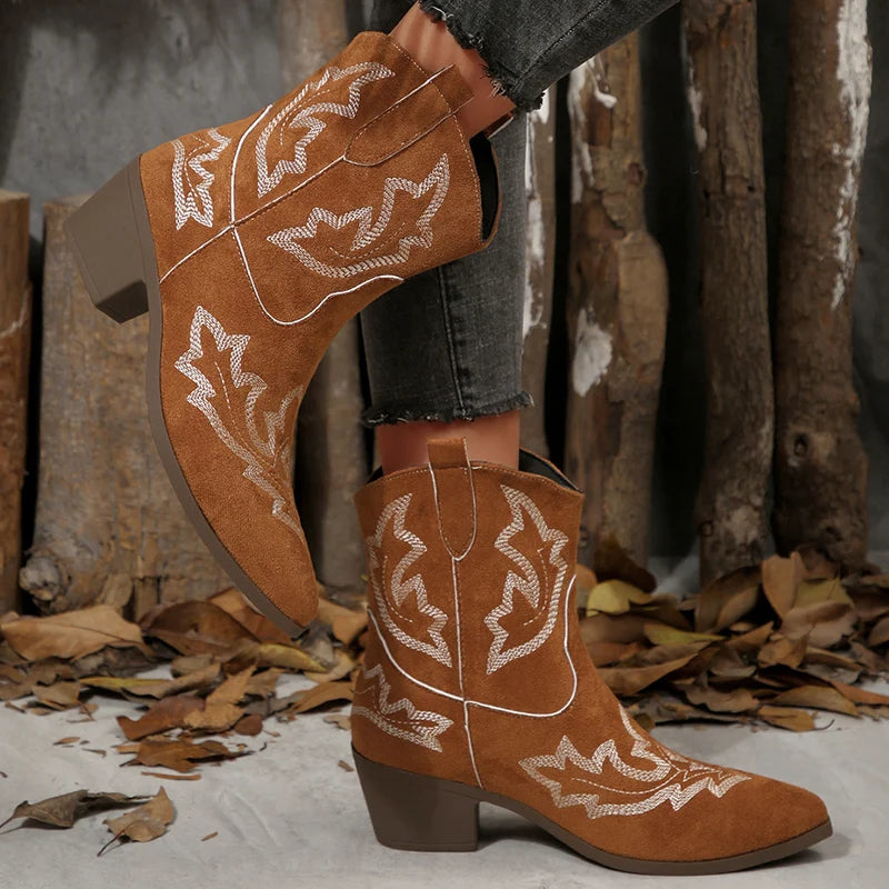 Vintage Embroidery Pattern Boots Women 2025 Square Heel Pointed Toe Ankle Boots Woman Comfortable Faux Suede Booties Mujer