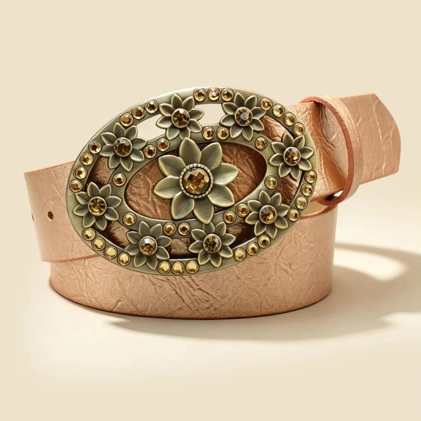 Vintage Floral Rhinestone Buckle Belt, Champagne Textured Women's Versatile Waistband