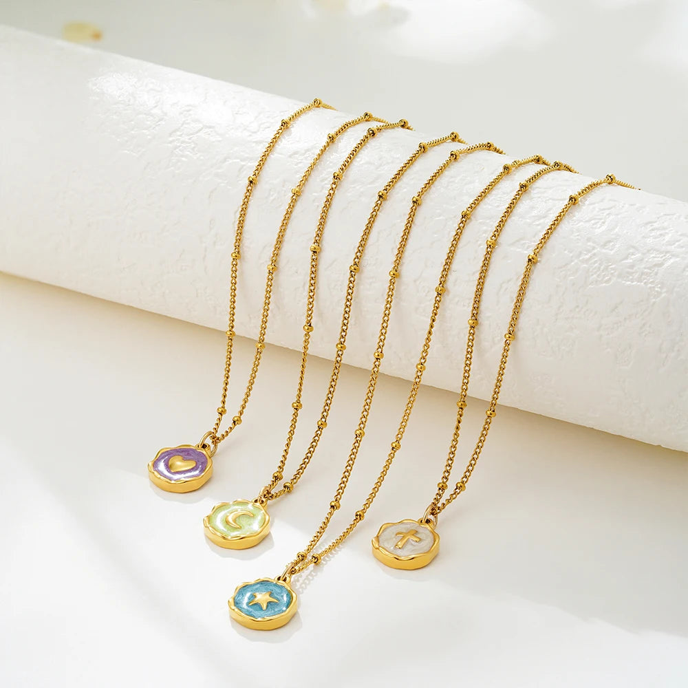 Punk Geometric Enamel Colorful Natural Stone Pendant Necklace Cross Love Women