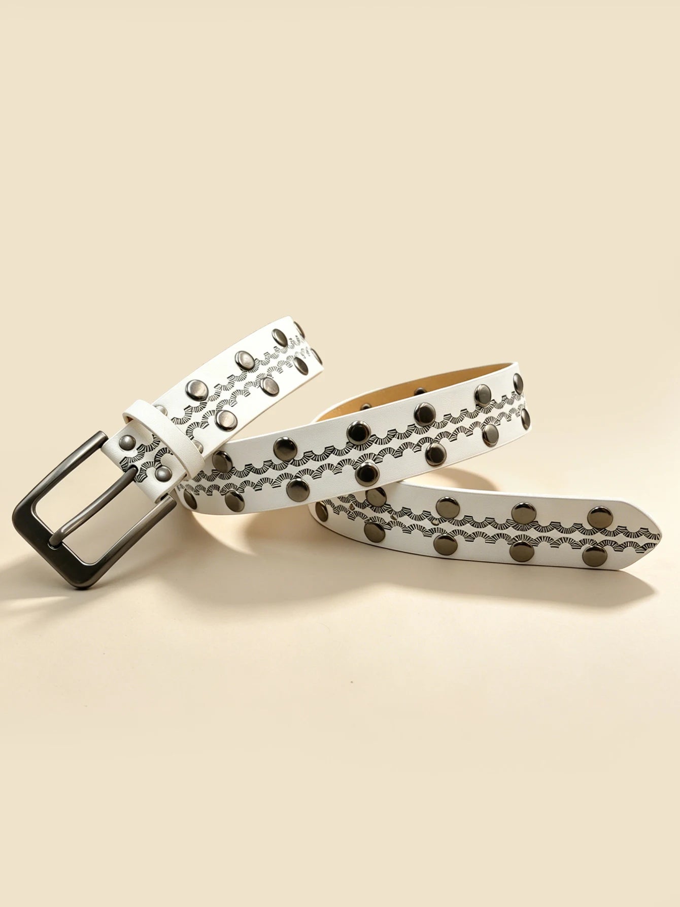 White Vintage Rivet Printed Belt, Gunmetal Square Buckle Embossed Unisex Casual Waistband