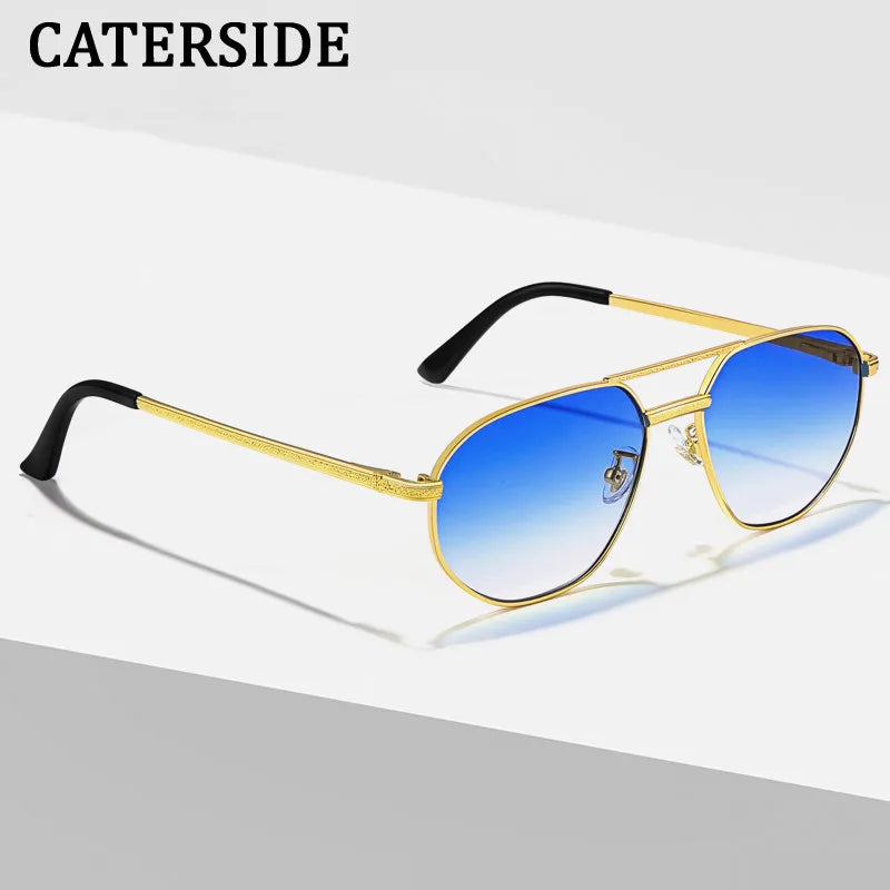 CATERSIDE 2023 New Retro Pilot Sunglasses Male Women Polygon High Quality Metal Sun Glasses Blue Double Bridge Eyewear UV400