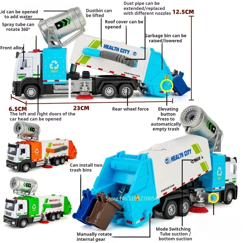 1:32 Vacuum Sweeper Vehicle Urban Anti Haze Truck Alloy Diecast Models Toys Car Rubber Tires Pull Back Vehices Gifts for Friends