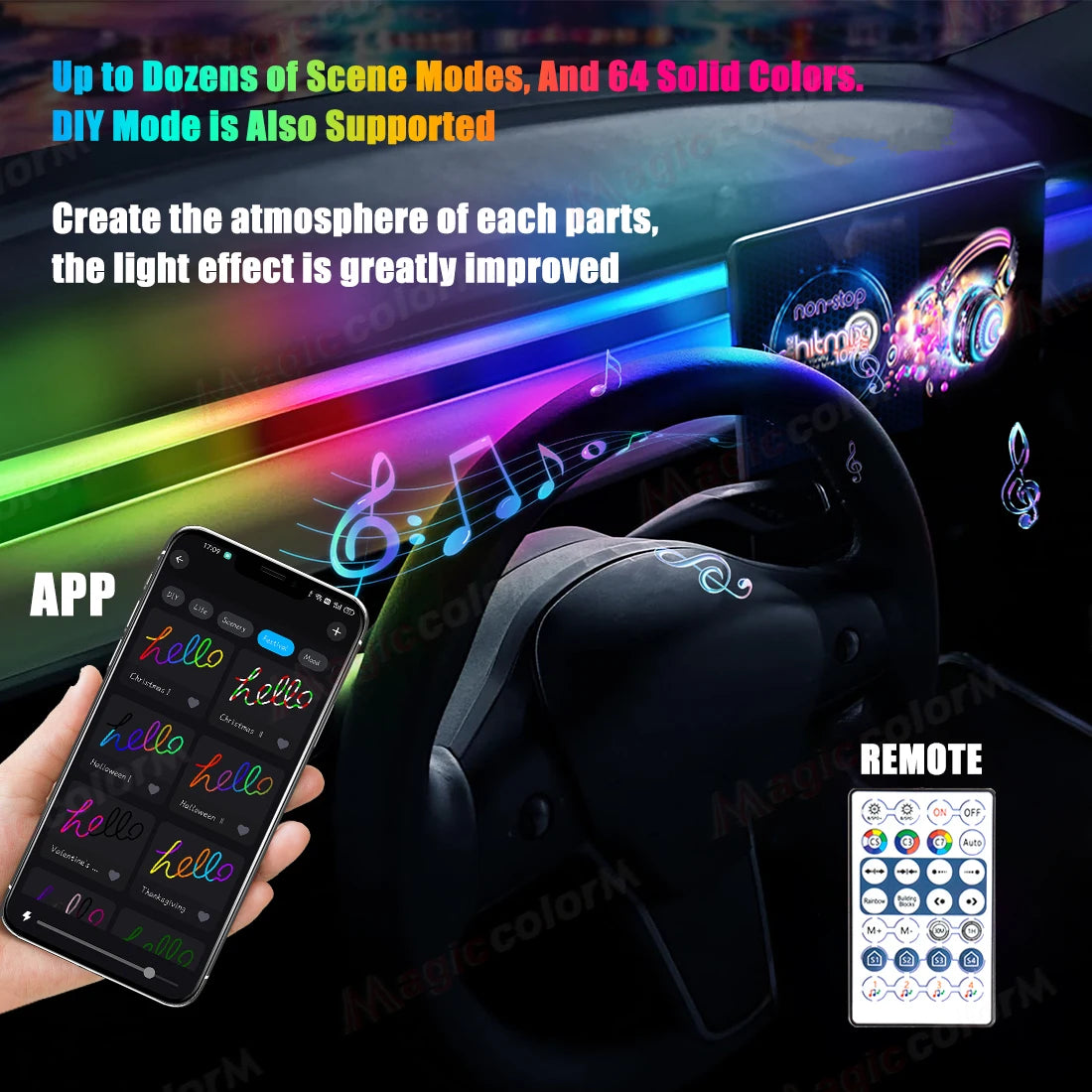 Car Ambient Lights Universal LED Symphony RGB Atmosphere Lamp 64 Colors Acrylic Strip APP Control Remote for Tesla Model 3 Y S X