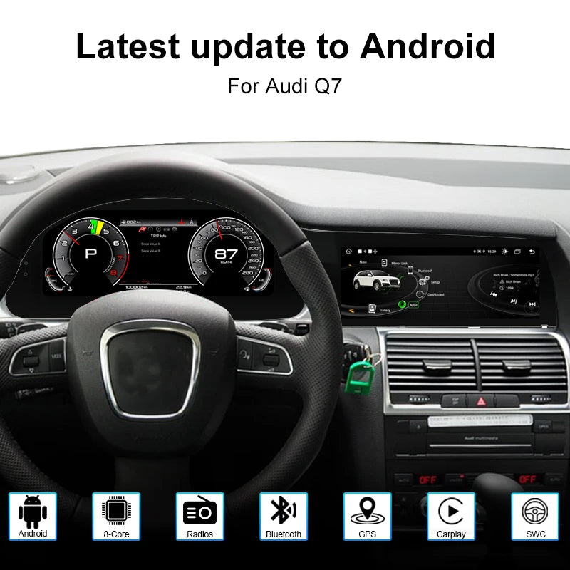 For Audi Q7 2005-2015 digital instrument panel, speedometer, Android radio, wireless CarPlay, GPS navigation 4+64GB