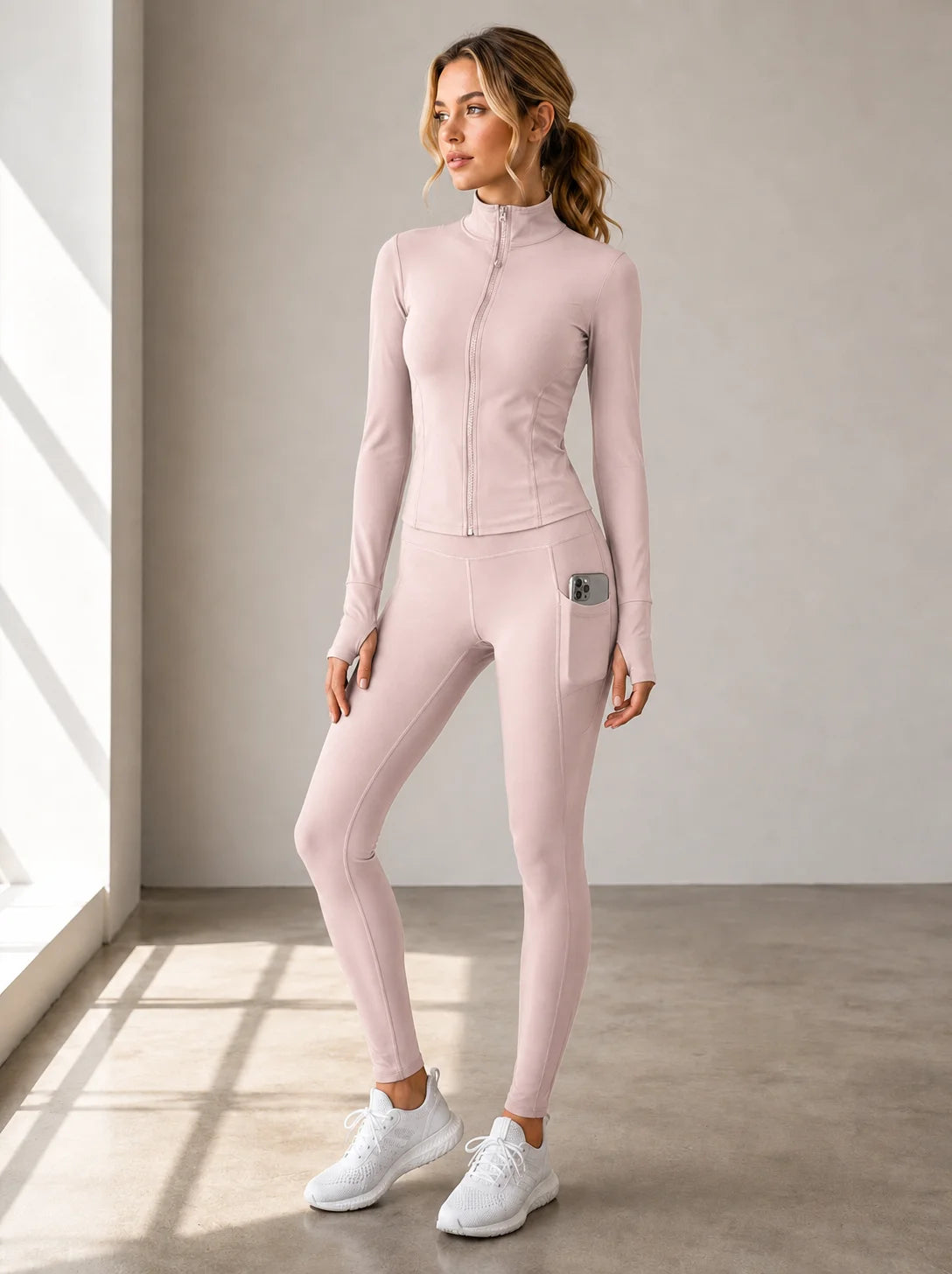 Women 2Pcs Yoga Set Zip Collar Slim Jacket High Waist Pocket Leggings Polyester Spandex Gym Workout Running Sports Suit