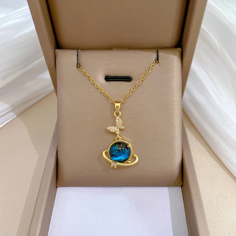 Stainless Steel Zircon Planet Star Pendant Necklace For Women Girl Elegant Aesthetic Clavicle Chain Necklace Jewelry Party Gift