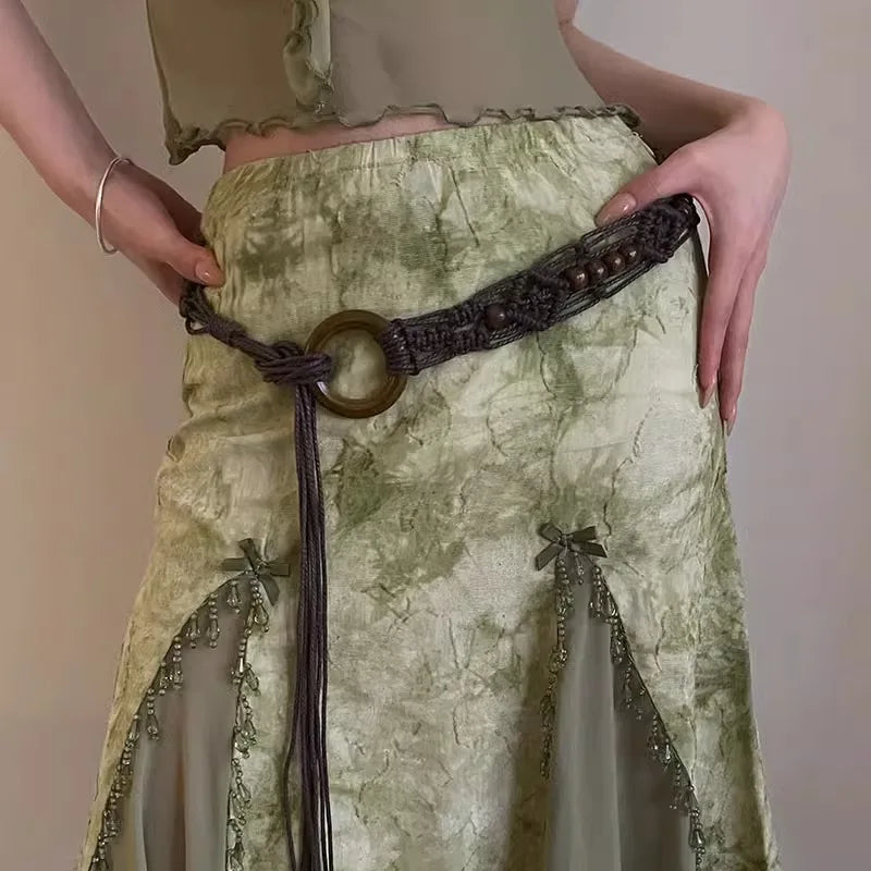 Retro Folk Style Woven Waist Rope Women Wooden Ring Design Feeling Bohemian Skirt Dress Belt Accessories