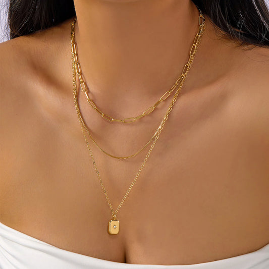 Vintage Gold Color Multi-layer Chain Stacked Necklace For Women Trendy Minimalist Geometric Pendant Necklaces Party Jewelry Gift
