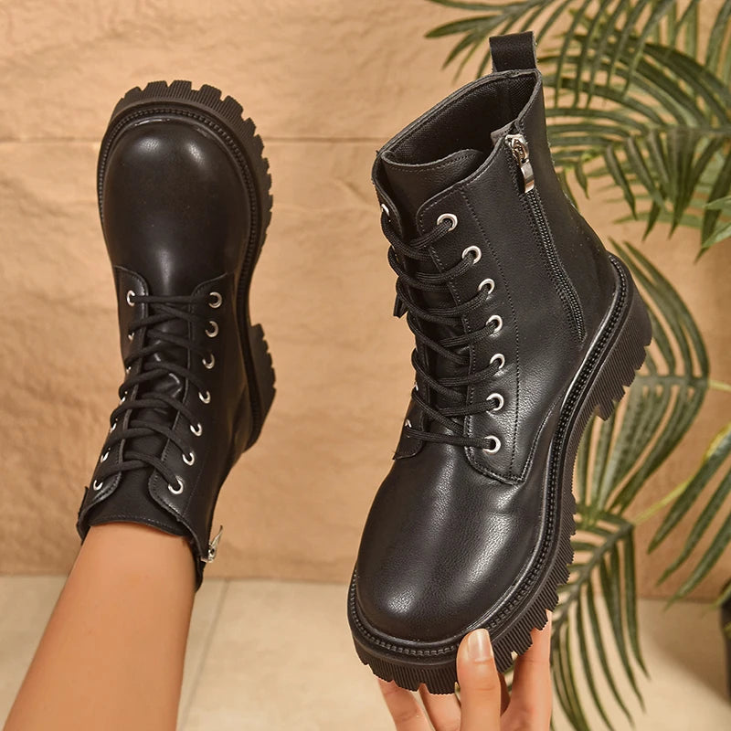Black Pu Leather Motorcycle Boots Women 2025 Fashion Lace Up Platform Ankle Boots Woman Plus Size 42 Zipper Gothic Shoes Female