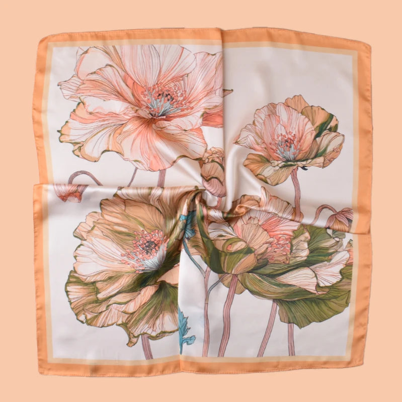 1pc Sweet Large Flower Print Silk Satin Square Scarf Women's Hair Accessory Spring New Style Versatile Belt Bag Decoration Heads