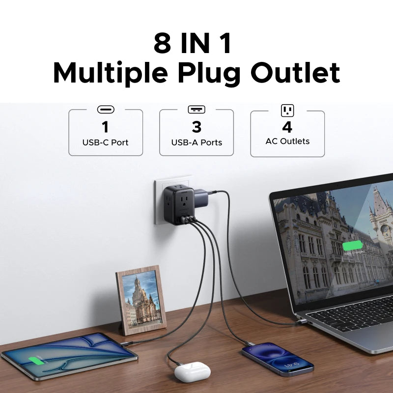UGREEN Outlet Extender 20W Power Strip 4 AC Outlets 3 USB-A 1 USB-C Wall Charger for Home Office Travel 1875W 15A 125V