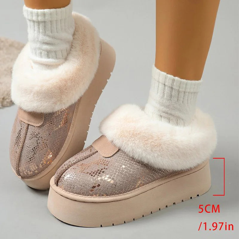 Chic Beige Shiny Snow Boots for Women 2025 Winter Korean Short Plush Warm Boots Woman Round Toe Thick Bottom Booties Female