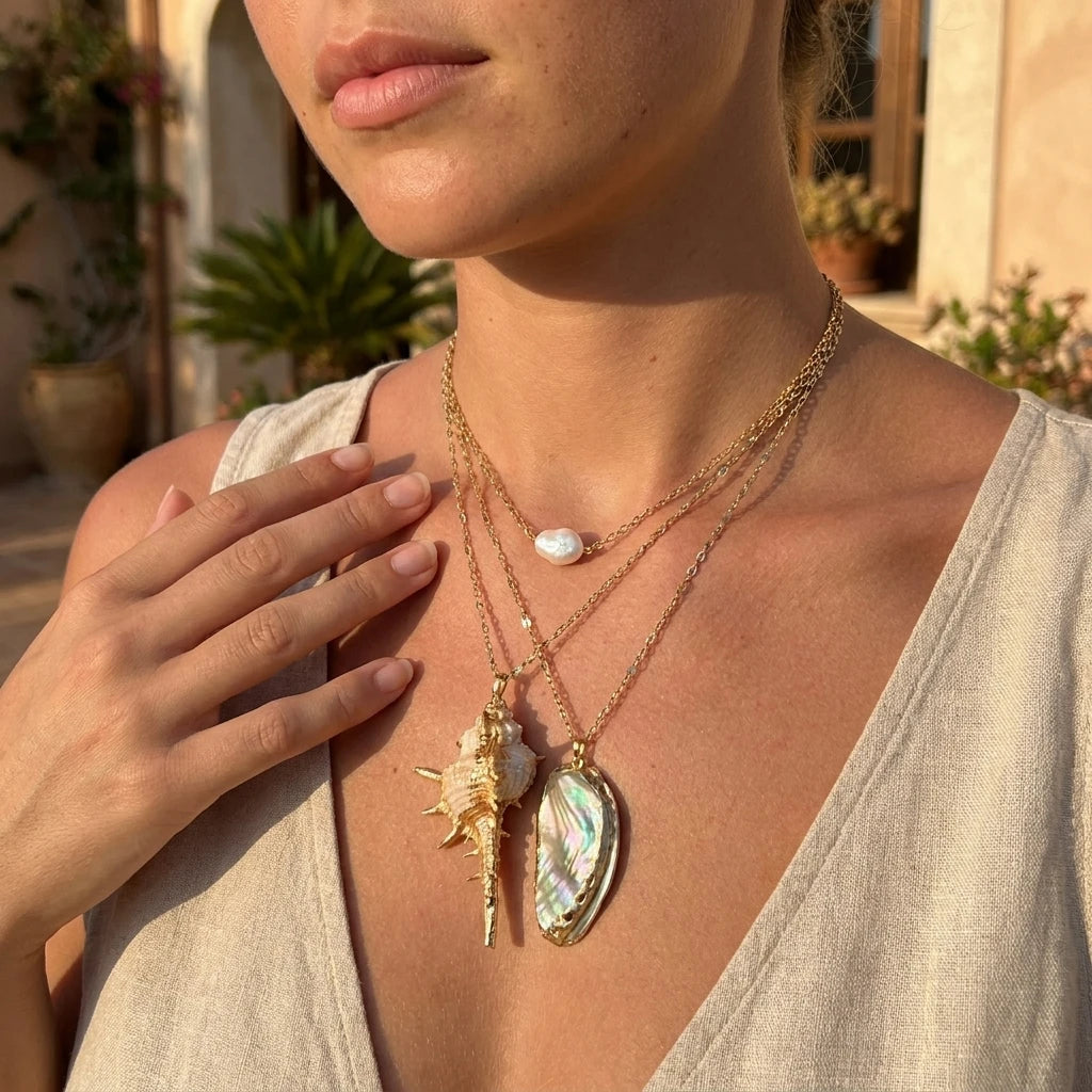 Bohemian Beach Gold Tone Layered Necklace Set for Women Spiral Conch Shell Baroque Pearl Pendants Summer Vacation Jewelry Gift