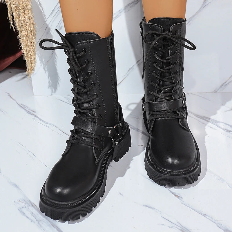 Fashion Belt Buckle Platform Mid Calf Boots Women Black Zipper Thick Sole Motorcycle Boots Woman Punk Pu Leather Botas Mujer