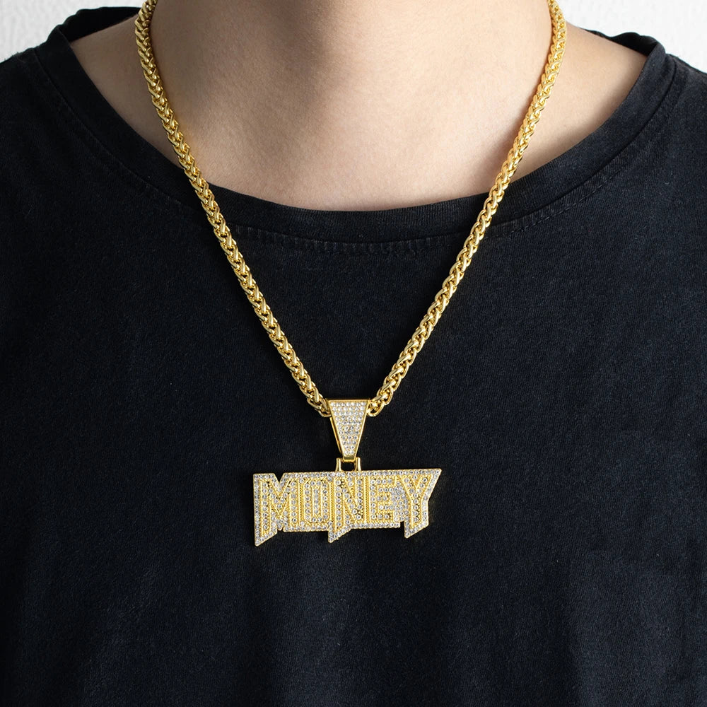 Men's Luxury Iced Out Bling Letter Money Pendants Necklace With Long Twist Rope Chain For Woman Men Hip Hop Jewelry Gift for Him