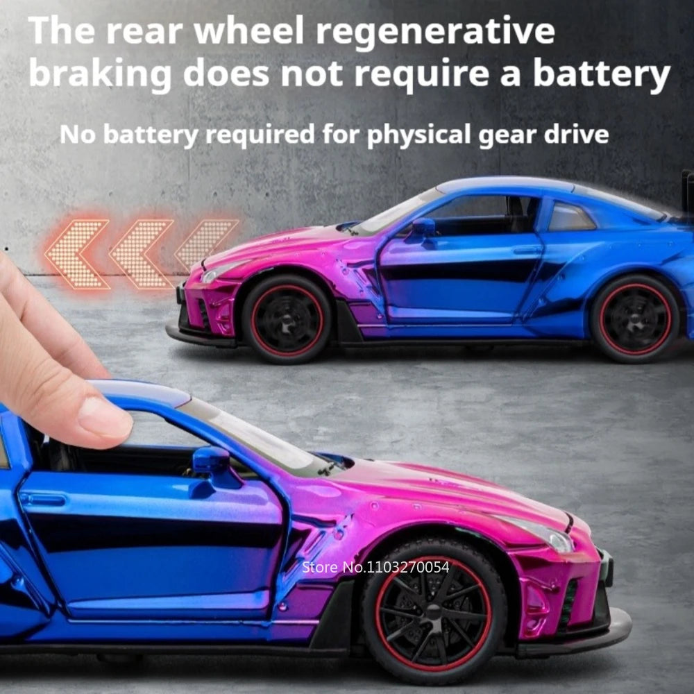 1: 32 GTR Skyline Alloy Diecast Models Toys Cars 4 Doors Opened with Sound Light Pull Back Miniature Sportscar Fashion Ornaments