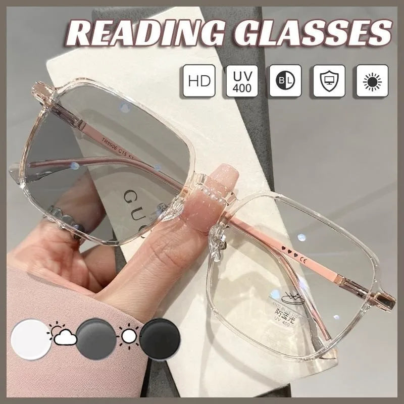 Anti Blue Light Farsighted Eyeglasses Translucent Discolored Reading Eyewear Graded Photochromic Reading Glasses 0-+400