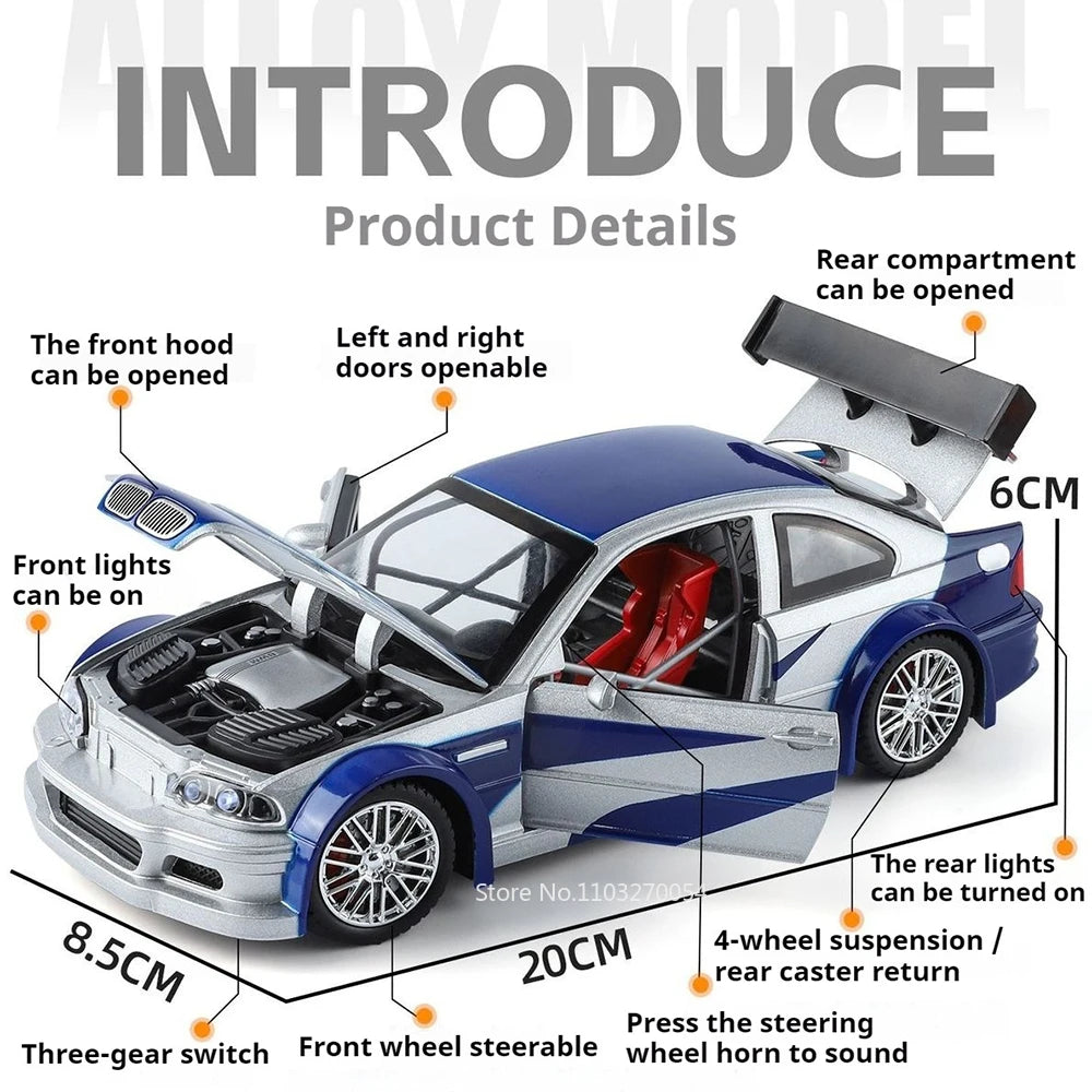 1:24 M3 GTR E46 R34 Model Diecast Alloy Sportscar Toys Sound Light Pull Back Front Wheel Steering Vehcie Children's Holiday Gift