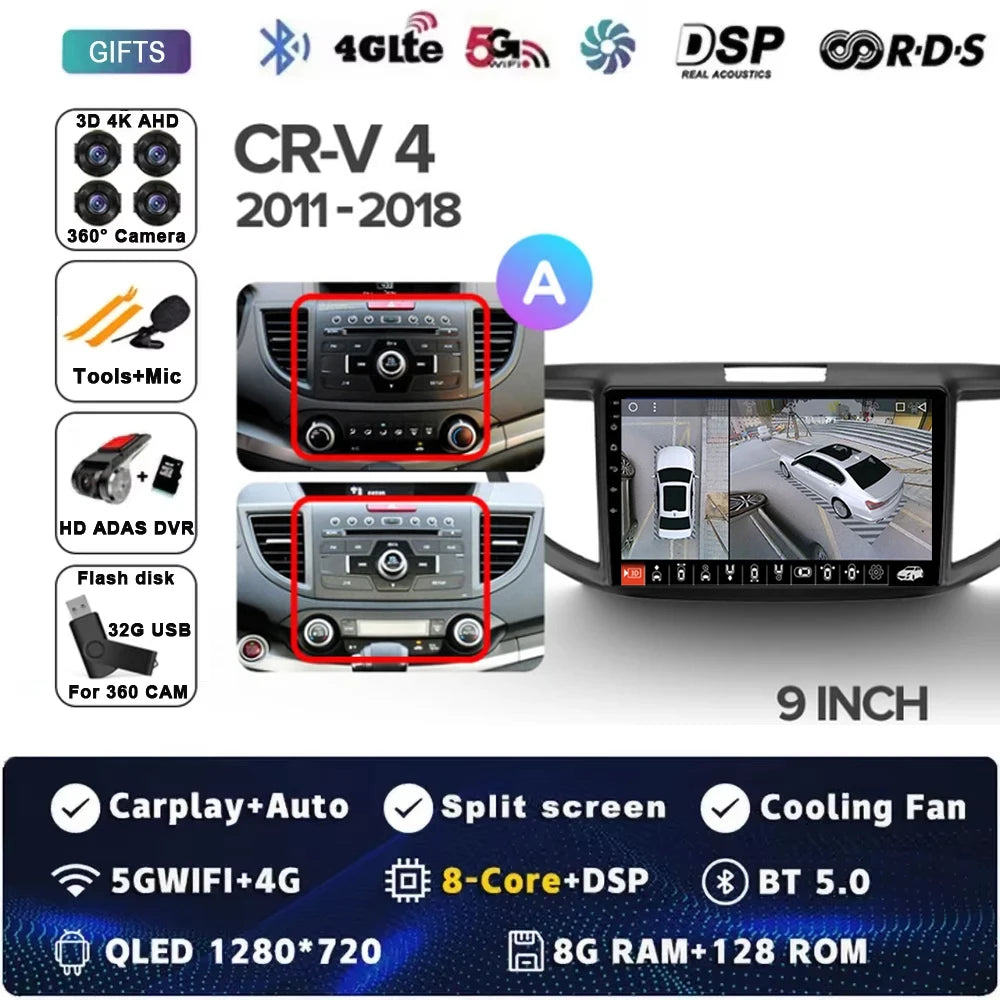 For Honda CR-V CRV 4 RM RE 2011 - 2018 Android 15 Car Radio GPS Navigation QLED Carplay Auto Multimedia Stereo Player BT