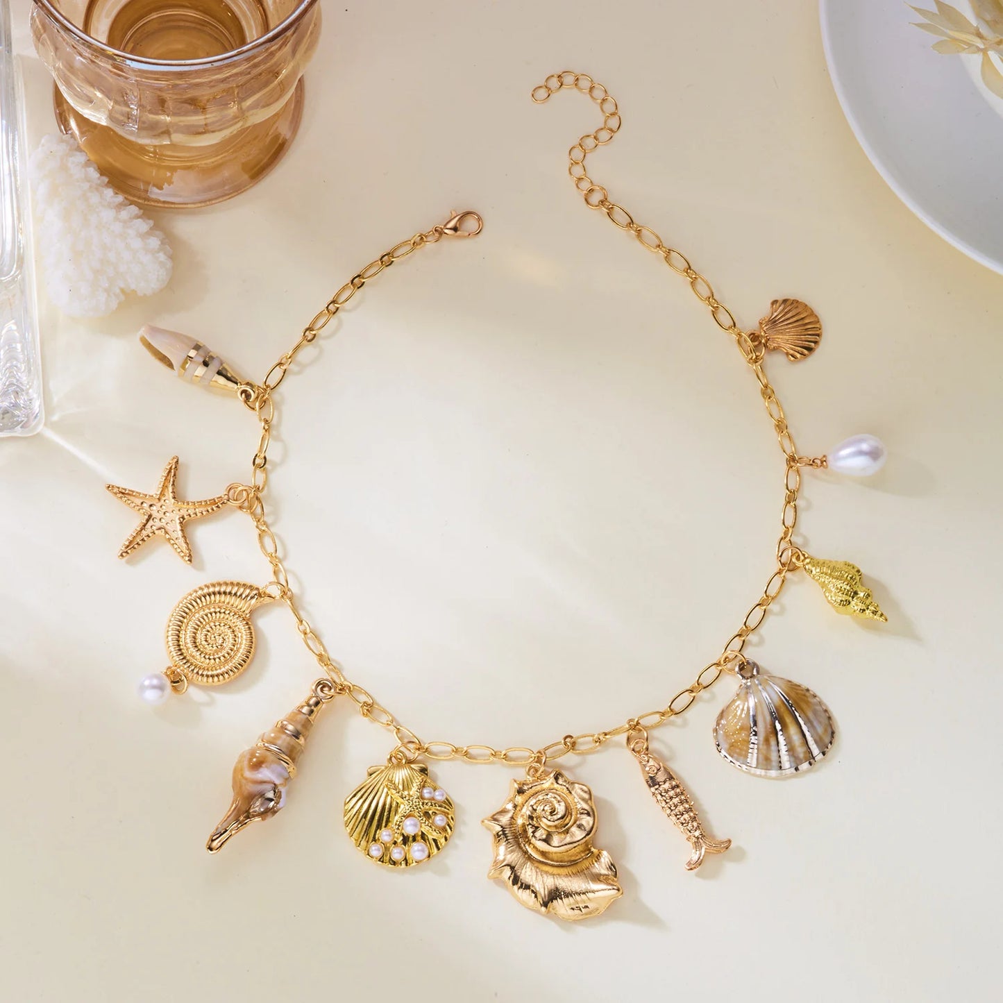Resort Style Statement Conch Shell Fish Multi Pendant Necklace for Women Gold Tone Layered Beach Boho Dainty Chain Jewelry Gift