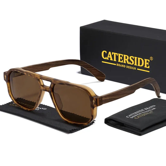 CATERSIDE Men's Polarized Pilot Sunglasses UV400 Premium Tr Frame & Wood Temple Retro Square Sun Glasses for Driving Fishing