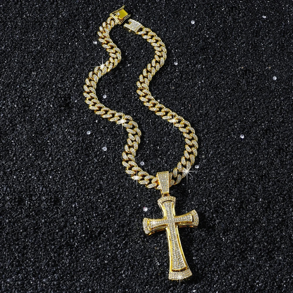 Men Women Hip Hop Cross Shiny Pendant Necklace 13mm Miami Cuban Chain Charm Bling Exquisite Necklaces Jewelry Fashion Charm Gift
