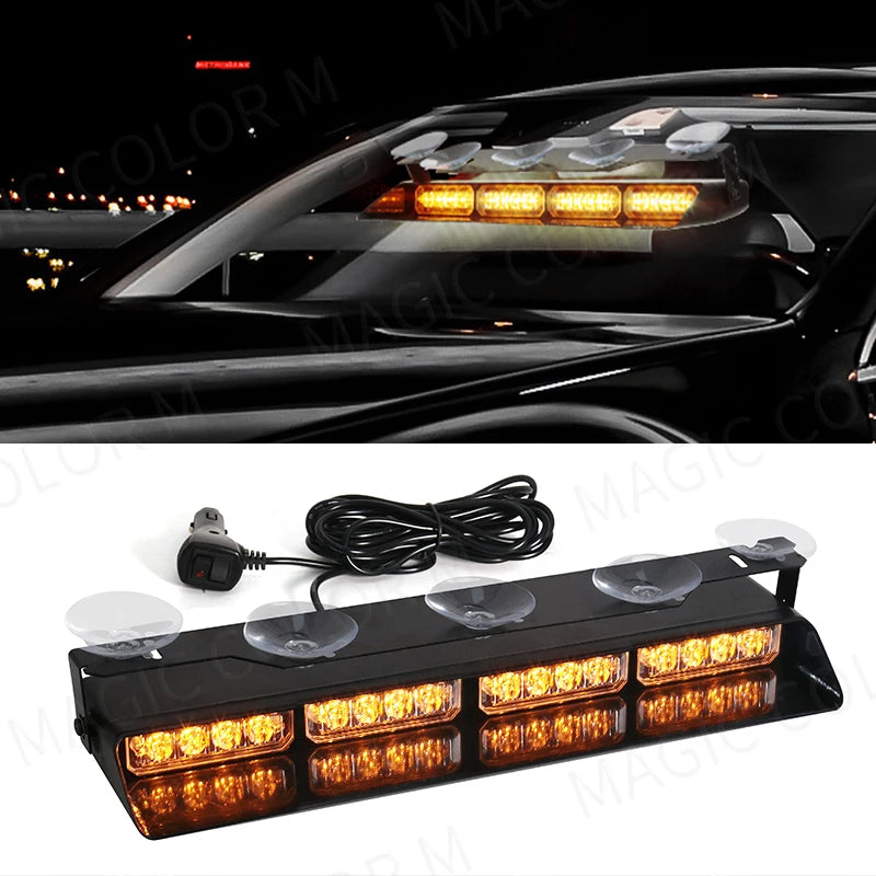 16 LED Car Strobe Light For Emergency Flash Warning Lamp Windshield Bar Red Blue Amber White Waterproof Auto Light Assembly 12V