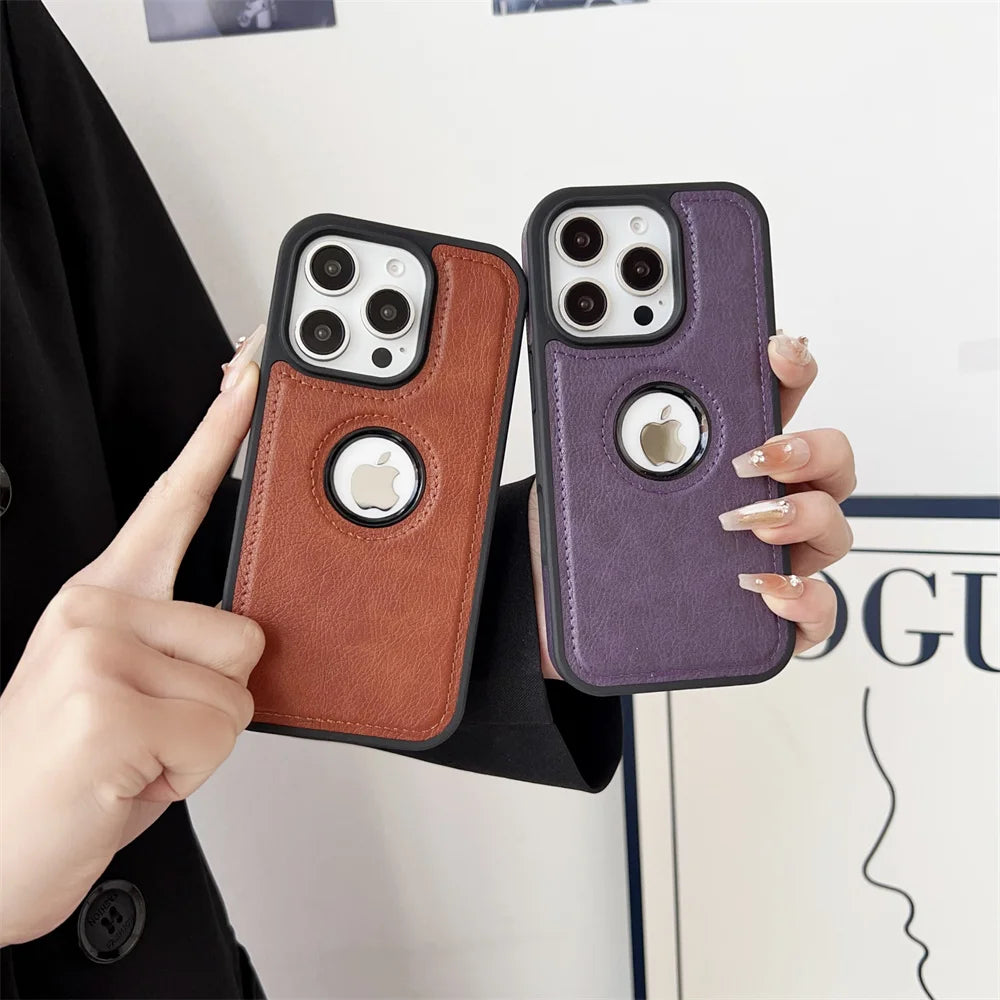 Luxury Business PU Leather Cowhide Case For iPhone 17 17Air 11 12 13 14 15 16 Pro Max Plus Logo Hole Shockproof Protective Cover