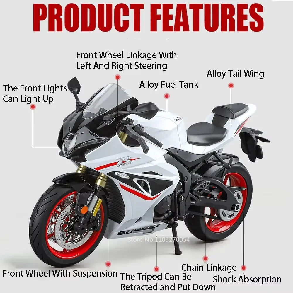 1:9 Suzuki Hayabusa GSX-1000R Motorcycles 2022 Alloy Models Car Toys Diecast Vehice Front Wheel Steering Lighting for Boys Gifts